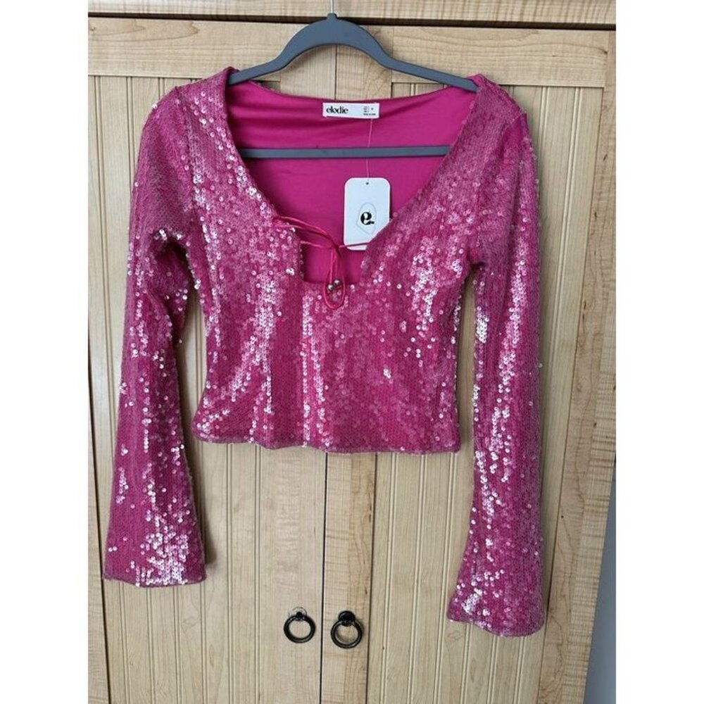 Elodie Crop Top Womens Small Hot Pink Sequin Bell Sleeve Rave Festival *FLAWS*